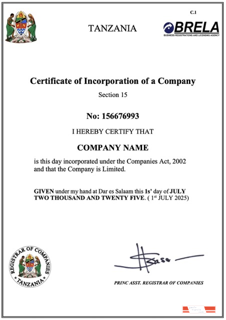 Tanzia certificate of company incorporation Word and PDF template